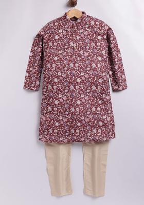 Maroon Printed Cotton Kurta Set For Boys