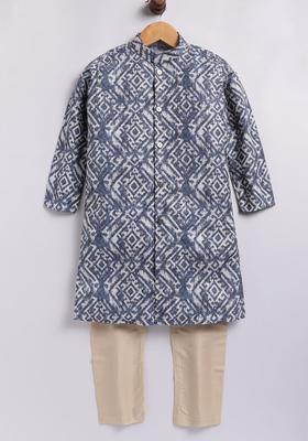 Blue Printed Cotton Kurta Set For Boys