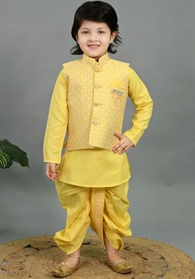 Yellow Woven Design Silk Kurta Set For Boys