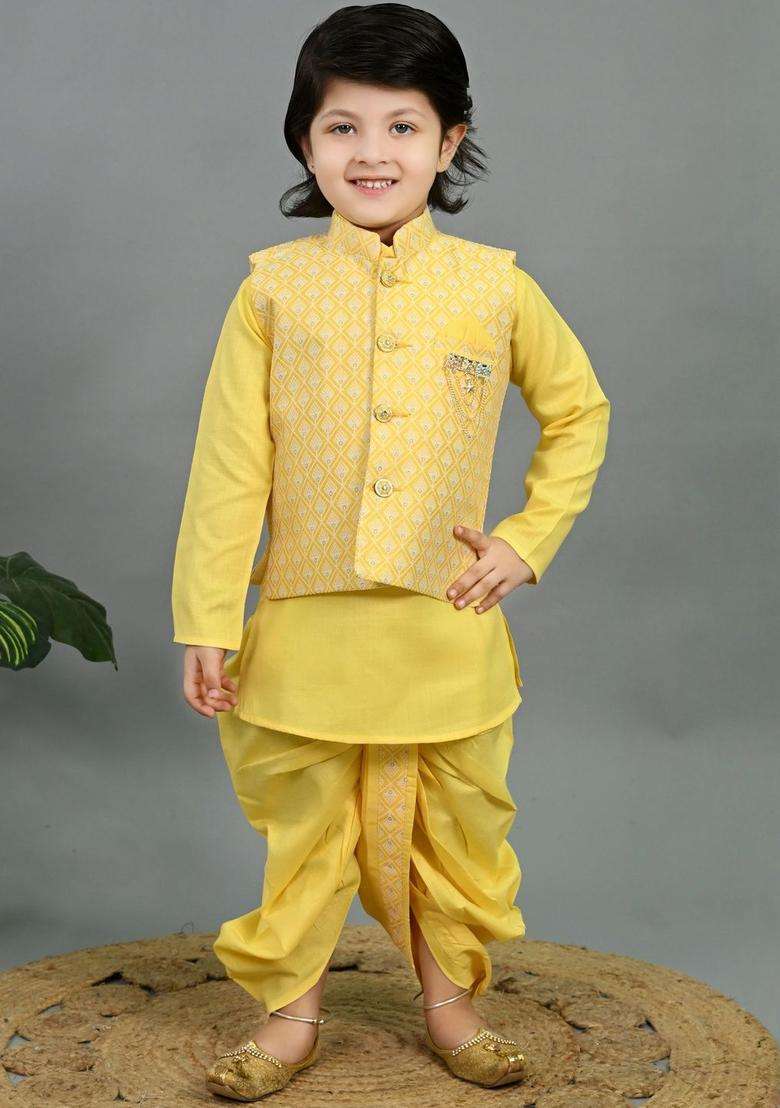 Yellow Woven Design Silk Kurta Set For Boys - Indya