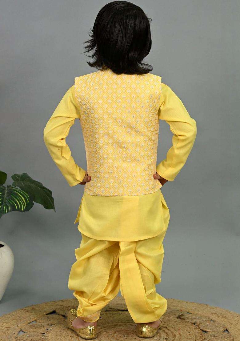 Yellow Woven Design Silk Kurta Set For Boys - Indya