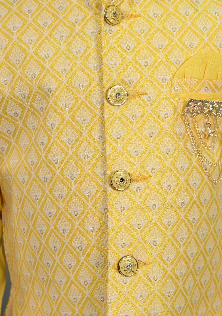 Yellow Woven Design Silk Kurta Set For Boys - Indya