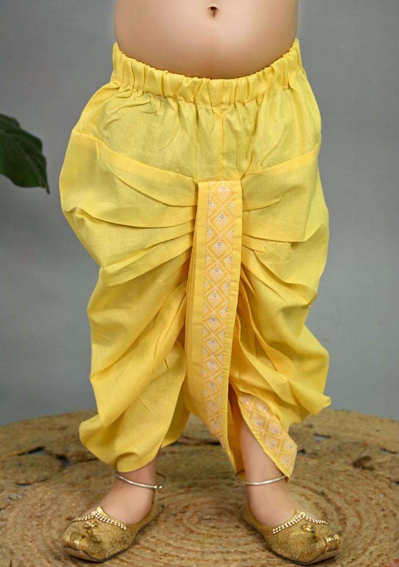 Yellow Woven Design Silk Kurta Set For Boys - Indya