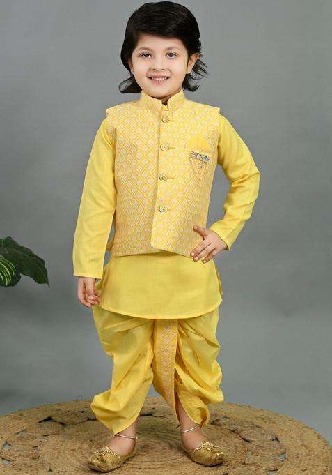 Yellow Woven Design Silk Kurta Set For Boys