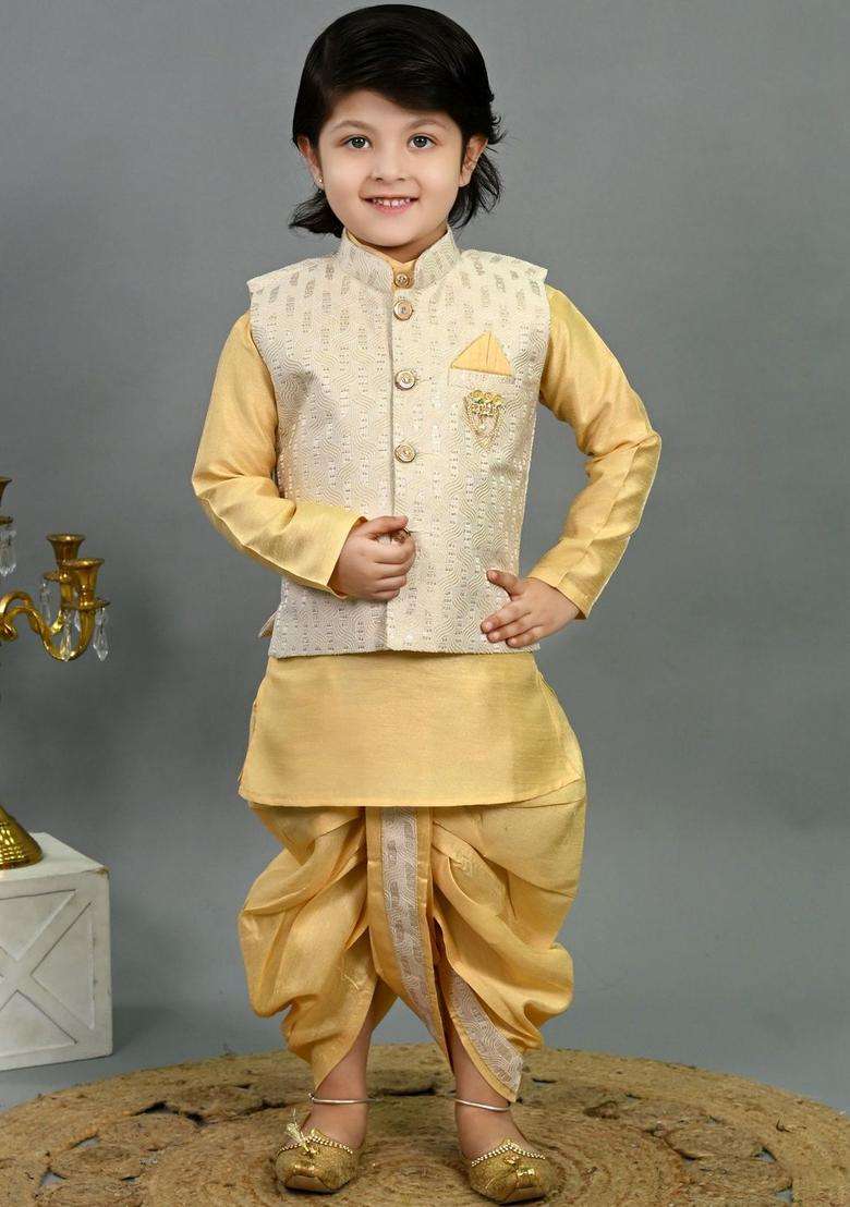 Yellow Solid Silk Kurta Set For Boys - Indya