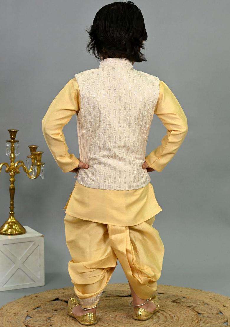 Yellow Solid Silk Kurta Set For Boys - Indya