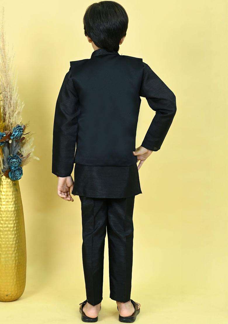 Black Self Design Silk Kurta Set For Boys - Indya