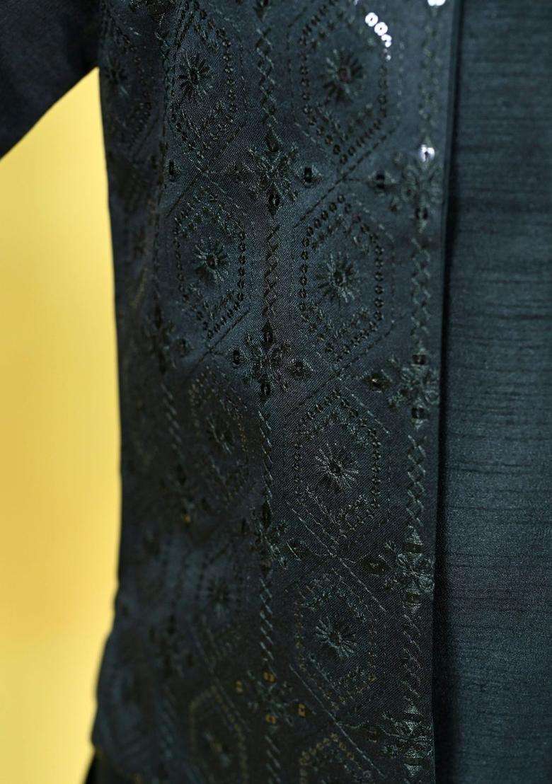 Black Self Design Silk Kurta Set For Boys - Indya