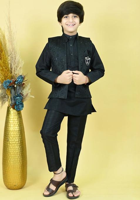 Black Self Design Silk Kurta Set For Boys — view on Indya