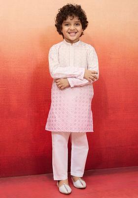 Pink Embroidered Cotton Kurta Set For Boys