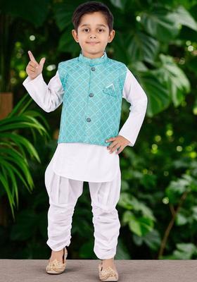 Blue Solid Cotton Kurta Set For Boys
