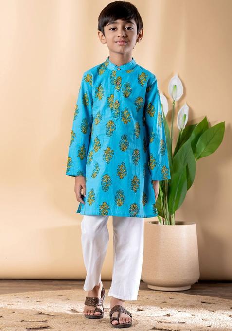 Blue Printed Cotton Kurta Set For Boys — view on Indya