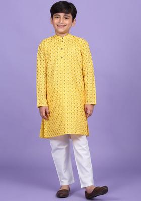 Yellow Woven Design Cotton Kurta Set For Boys