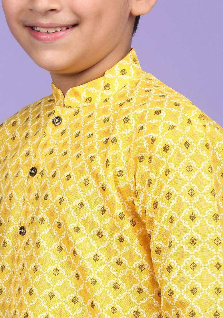 Yellow Woven Design Cotton Kurta Set For Boys - Indya