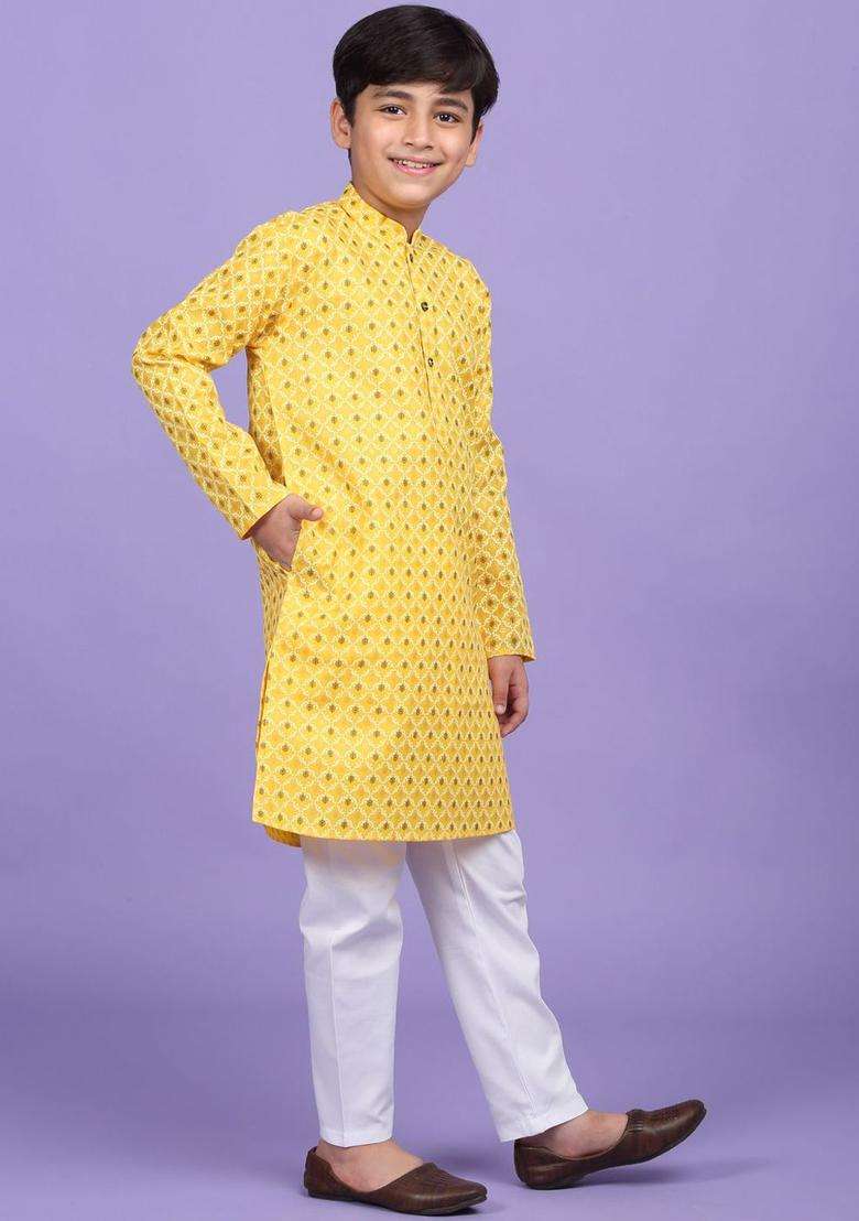 Yellow Woven Design Cotton Kurta Set For Boys - Indya