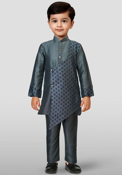 Green Woven Design Cotton Kurta Set For Boys — view on Indya