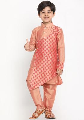 Peach Printed Cotton Kurta Set For Boys