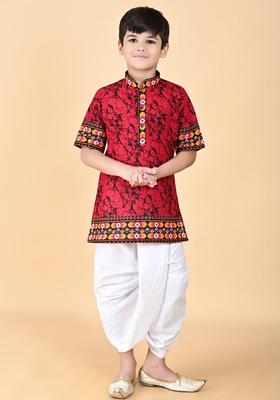 Pink Printed Cotton Kurta Set For Boys