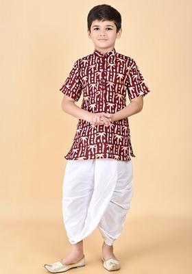 Maroon Printed Cotton Kurta Set For Boys