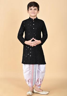 Black Embroidered Viscose Kurta Set For Boys