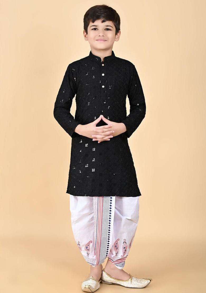 Black Embroidered Viscose Kurta Set For Boys - Indya