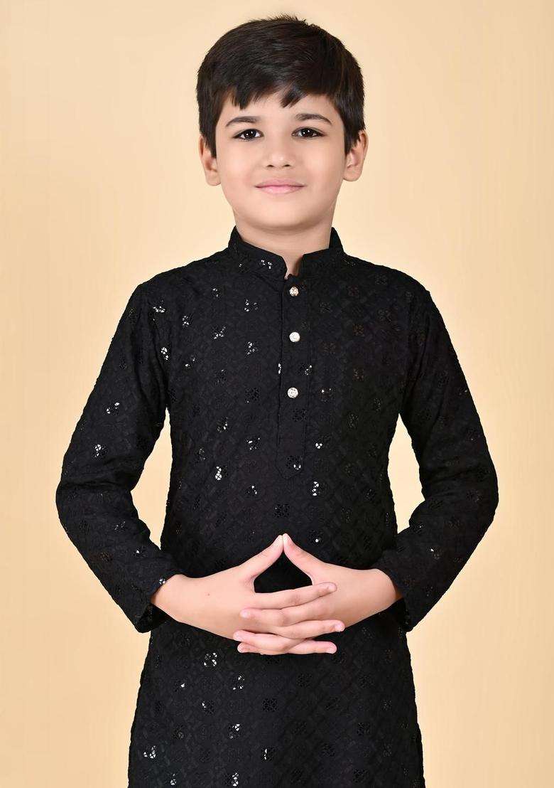 Black Embroidered Viscose Kurta Set For Boys - Indya