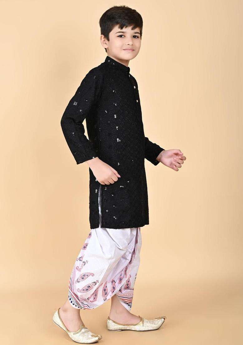 Black Embroidered Viscose Kurta Set For Boys - Indya