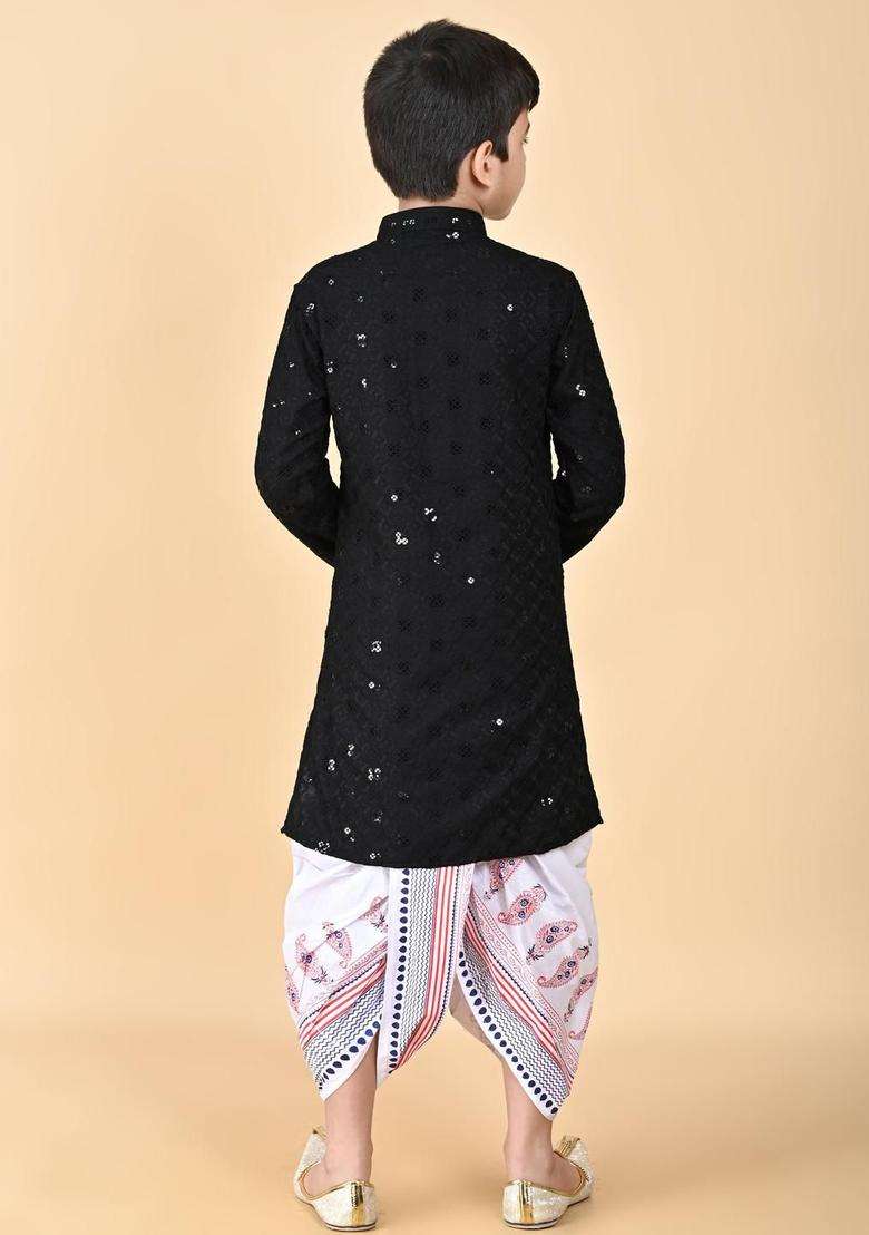 Black Embroidered Viscose Kurta Set For Boys - Indya