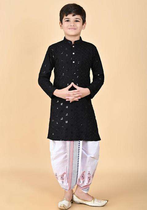 Black Embroidered Viscose Kurta Set For Boys