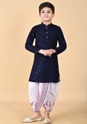 Navy Blue Embroidered Viscose Kurta Set For Boys