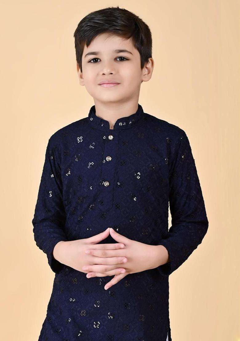 Navy Blue Embroidered Viscose Kurta Set For Boys - Indya