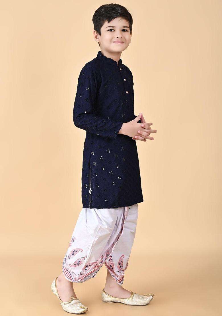 Navy Blue Embroidered Viscose Kurta Set For Boys - Indya
