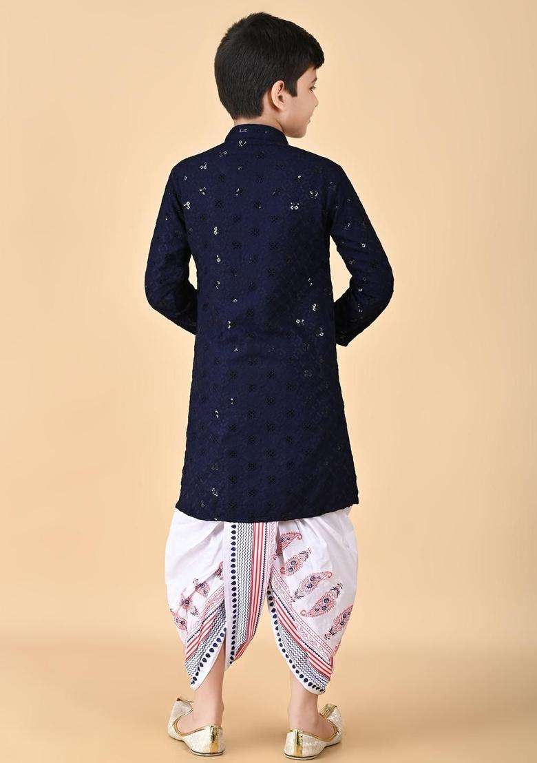 Navy Blue Embroidered Viscose Kurta Set For Boys - Indya