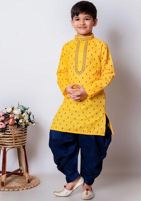 Yellow Printed Cotton Kurta Set For Boys
