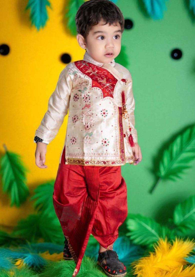 White Embroidered Silk Kurta Set For Boys - Indya