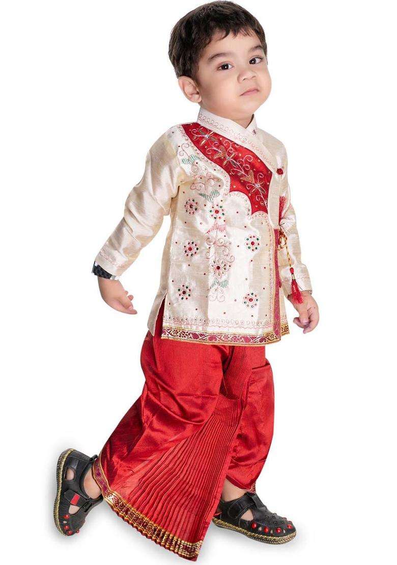 White Embroidered Silk Kurta Set For Boys - Indya