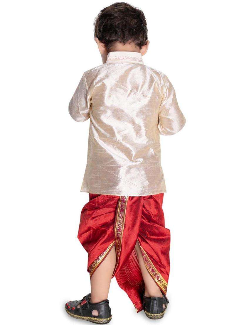 White Embroidered Silk Kurta Set For Boys - Indya