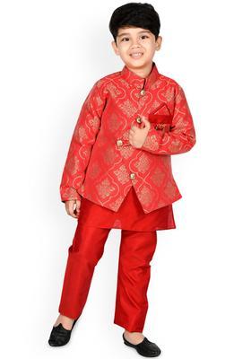 Red Solid Silk Kurta Set For Boys