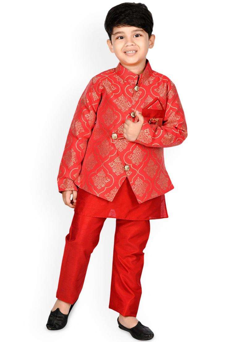 Red Solid Silk Kurta Set For Boys - Indya