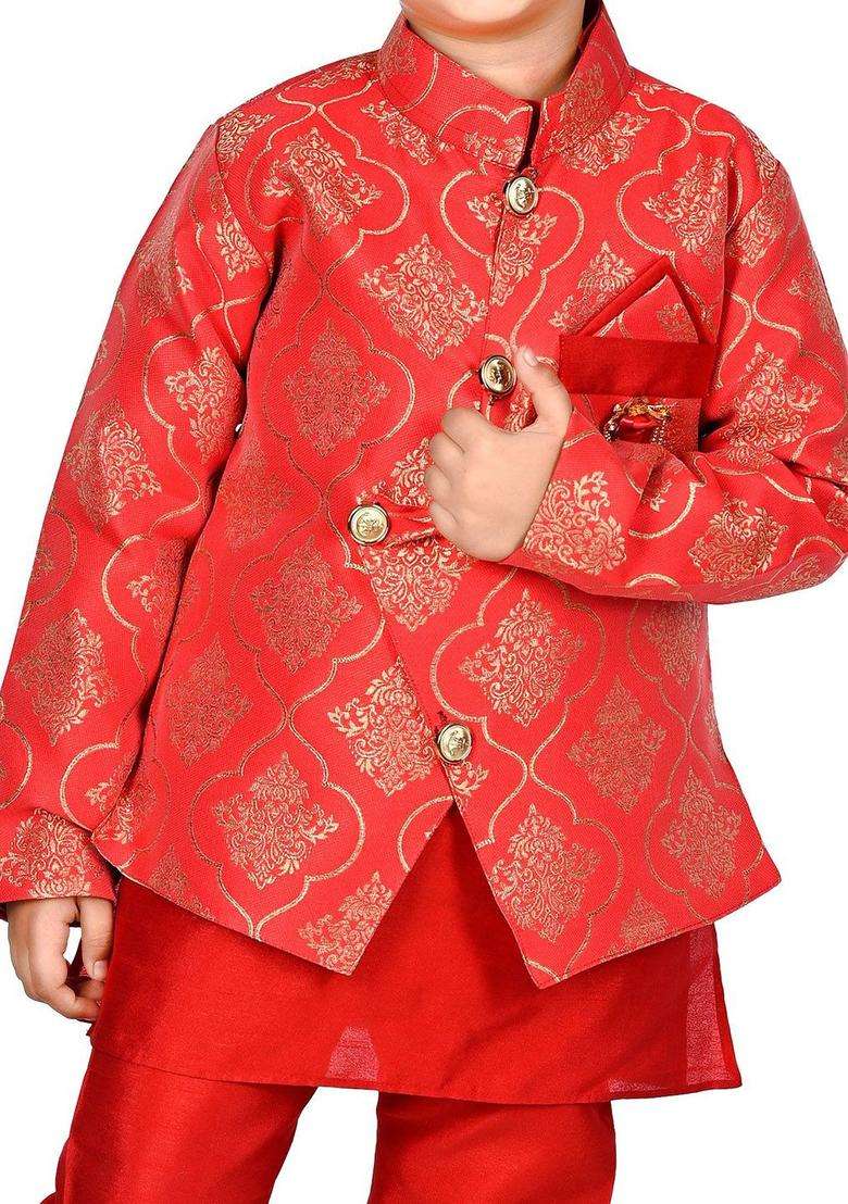 Red Solid Silk Kurta Set For Boys - Indya