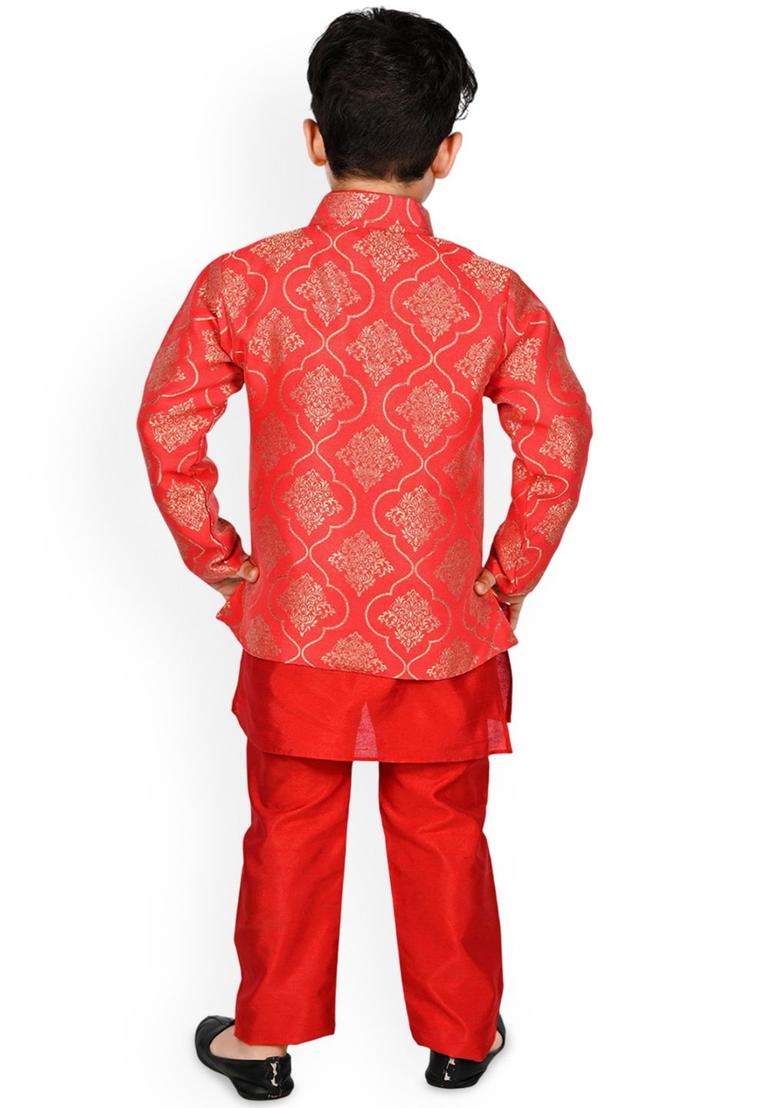 Red Solid Silk Kurta Set For Boys - Indya