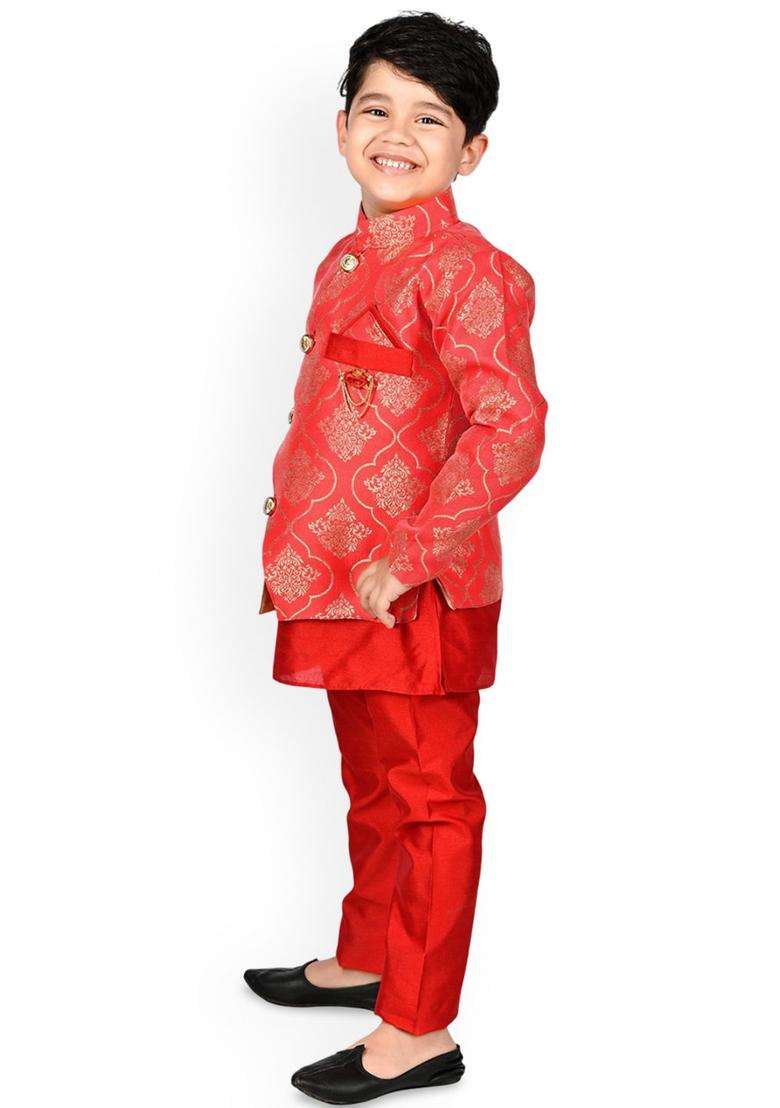 Red Solid Silk Kurta Set For Boys - Indya