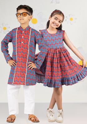 Blue Printed Cotton Kurta Set For Boys