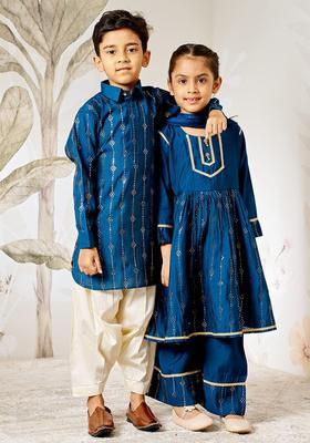 Turquoise Blue Printed Cotton Kurta Set For Boys