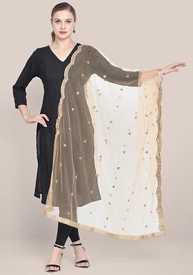 Gold Toned And Peach Coloured Ethnic Motifs Embroidered Dupatta