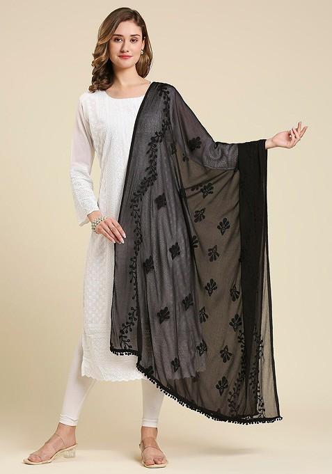 Embroidered Chiffon Dupatta With Pom Pom Lace