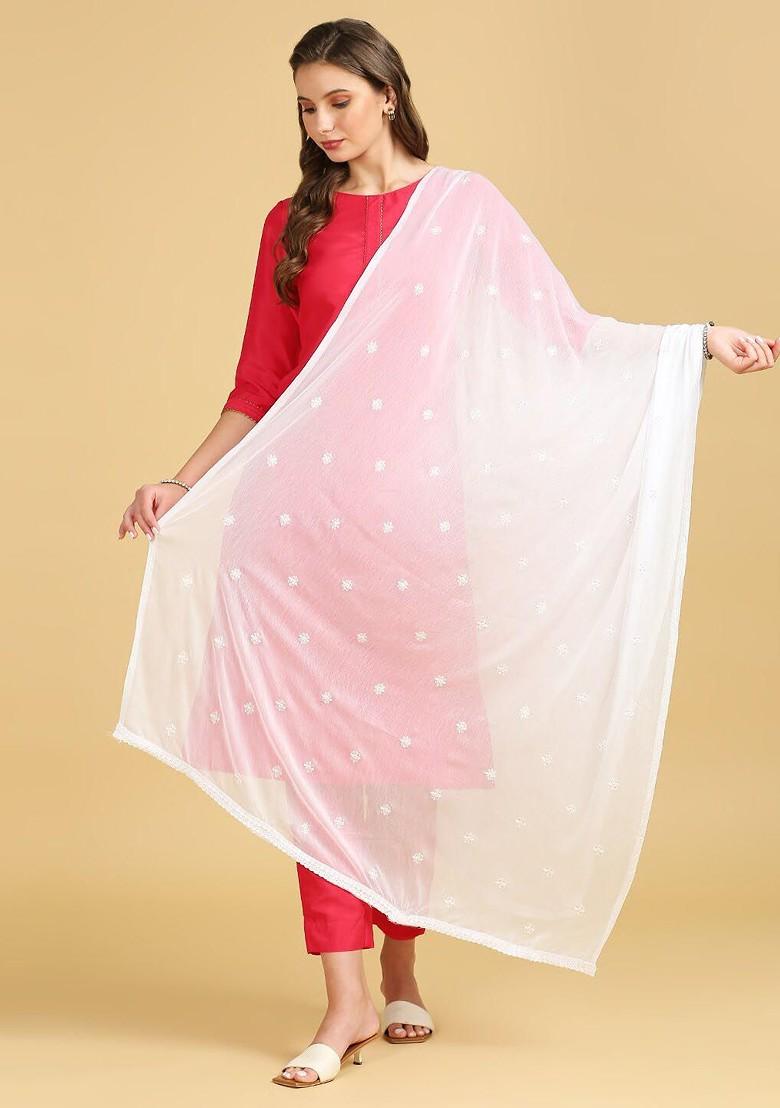 Floral Embroidered Chiffon Dupatta With Sequin