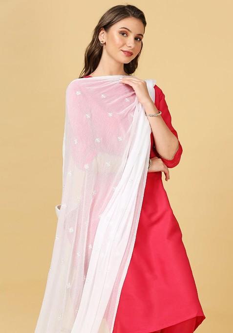 Floral Embroidered Chiffon Dupatta With Sequin