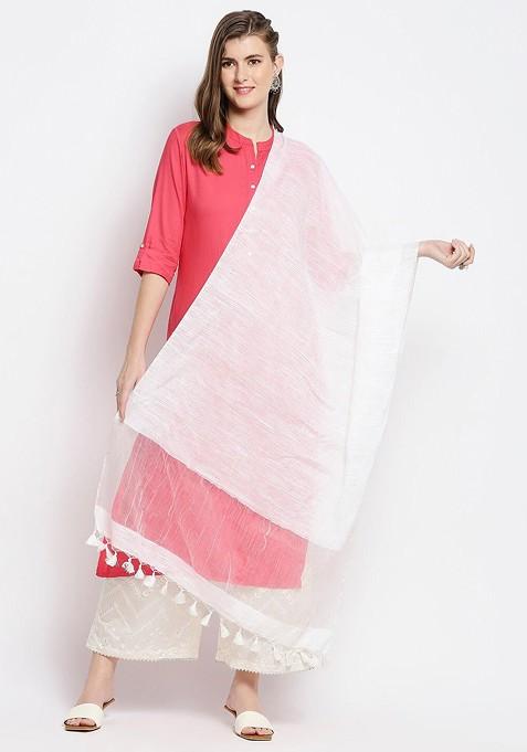 White Woven Design Linen Dupatta