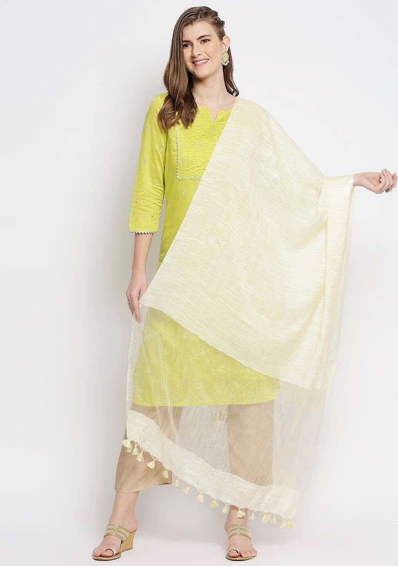 Cream Coloured Linen With Organza Border Dupatta - Indya